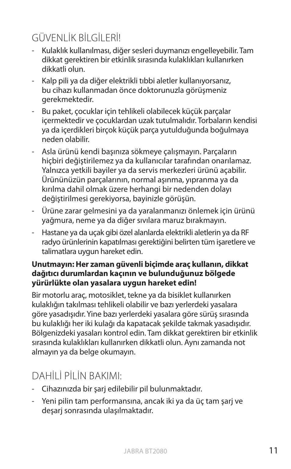 Güvenlik bilgileri, Dahili pilin bakimi, English | Jabra BT2080 User Manual | Page 335 / 495