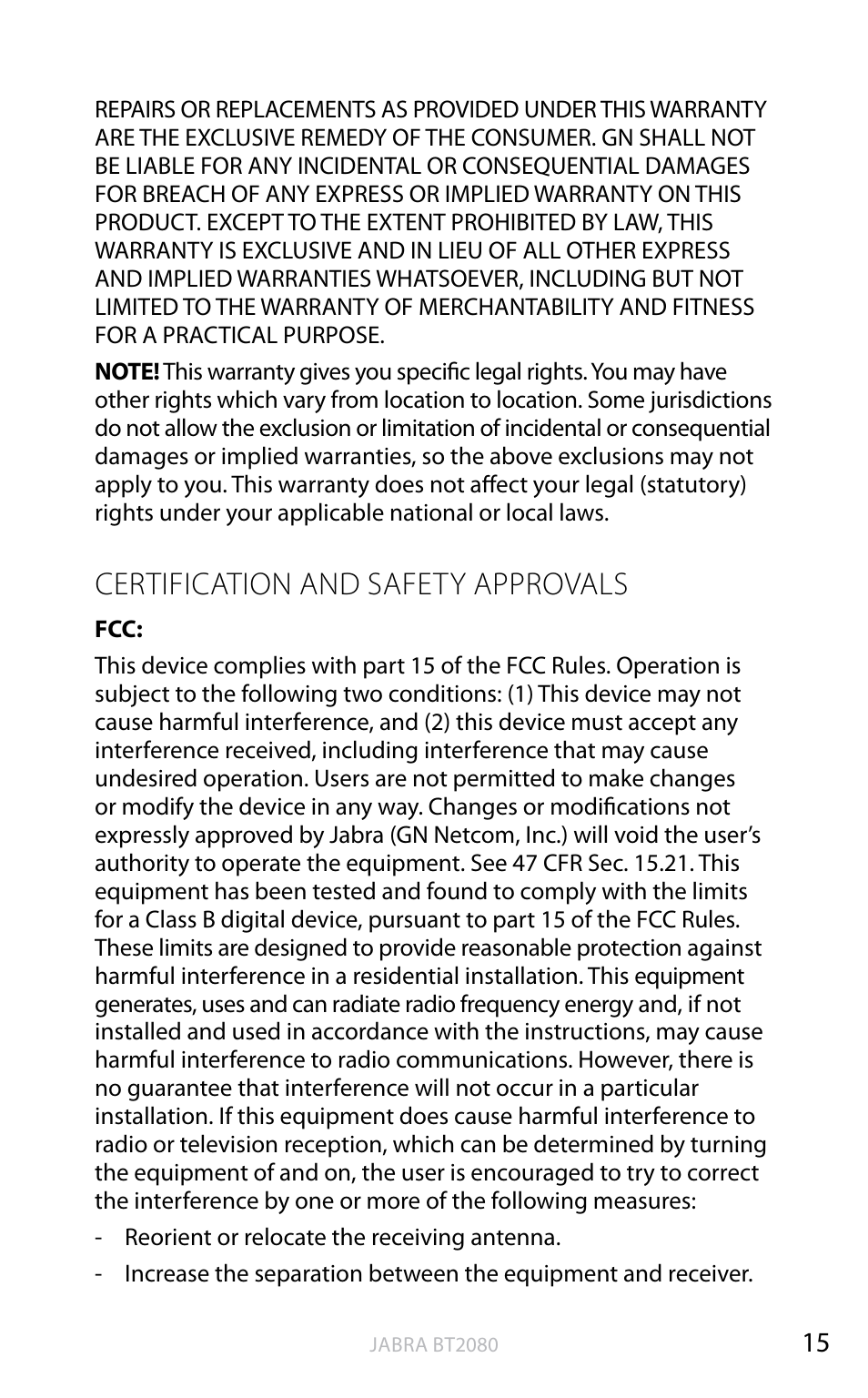 Certification and safety approvals, English | Jabra BT2080 User Manual | Page 34 / 495