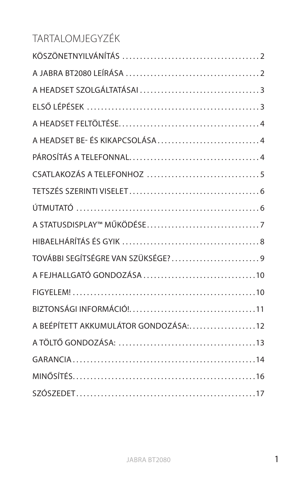 Magyar (kattintson ide a kézikönyvért), English, Tartalomjegyzék | Jabra BT2080 User Manual | Page 341 / 495
