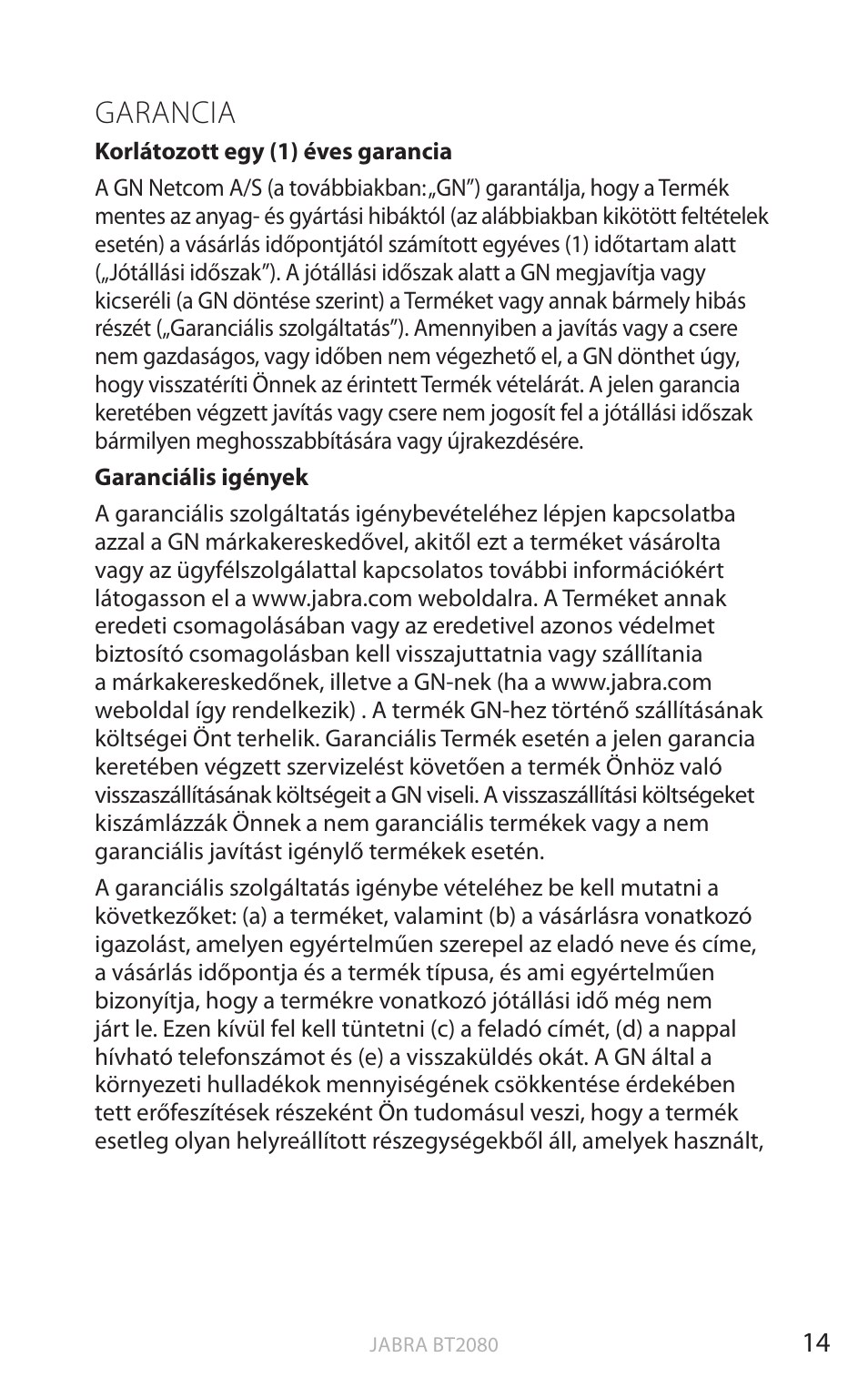 Garancia, English | Jabra BT2080 User Manual | Page 354 / 495