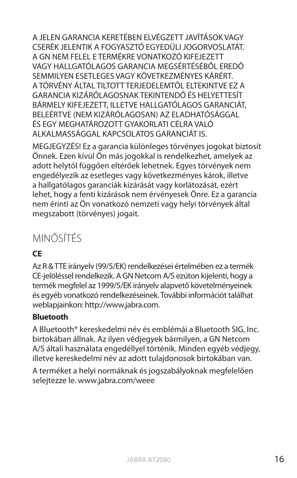 Minősítés, English | Jabra BT2080 User Manual | Page 356 / 495