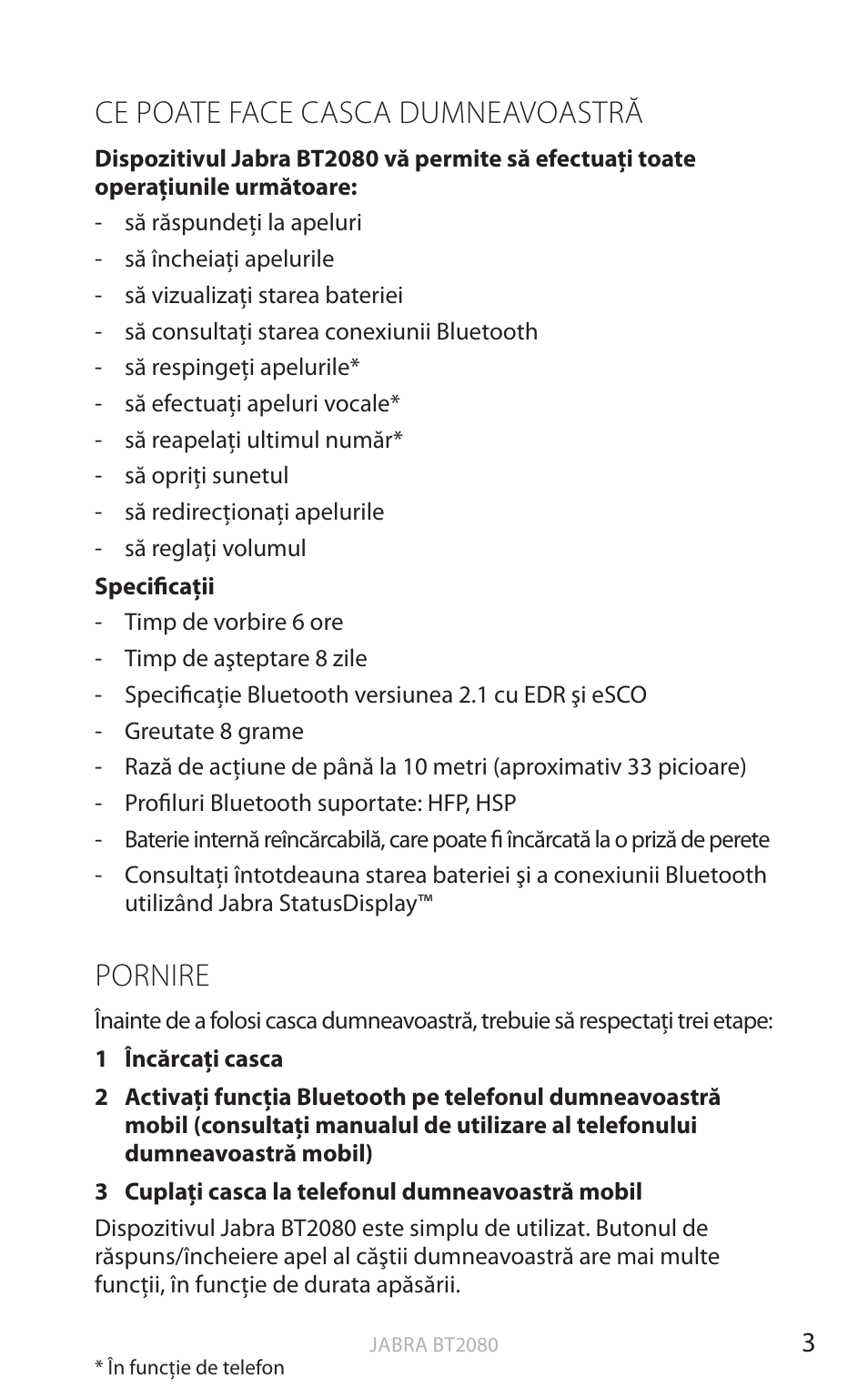 Ce poate face casca dumneavoastră, Pornire, English | Jabra BT2080 User Manual | Page 360 / 495