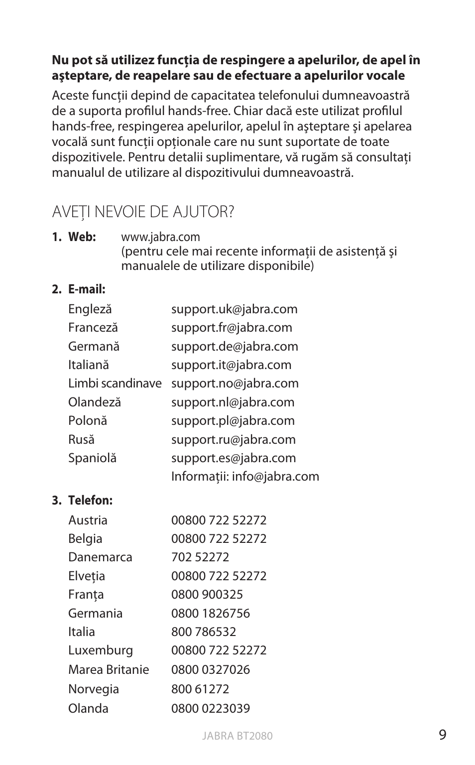 Aveţi nevoie de ajutor, English | Jabra BT2080 User Manual | Page 366 / 495