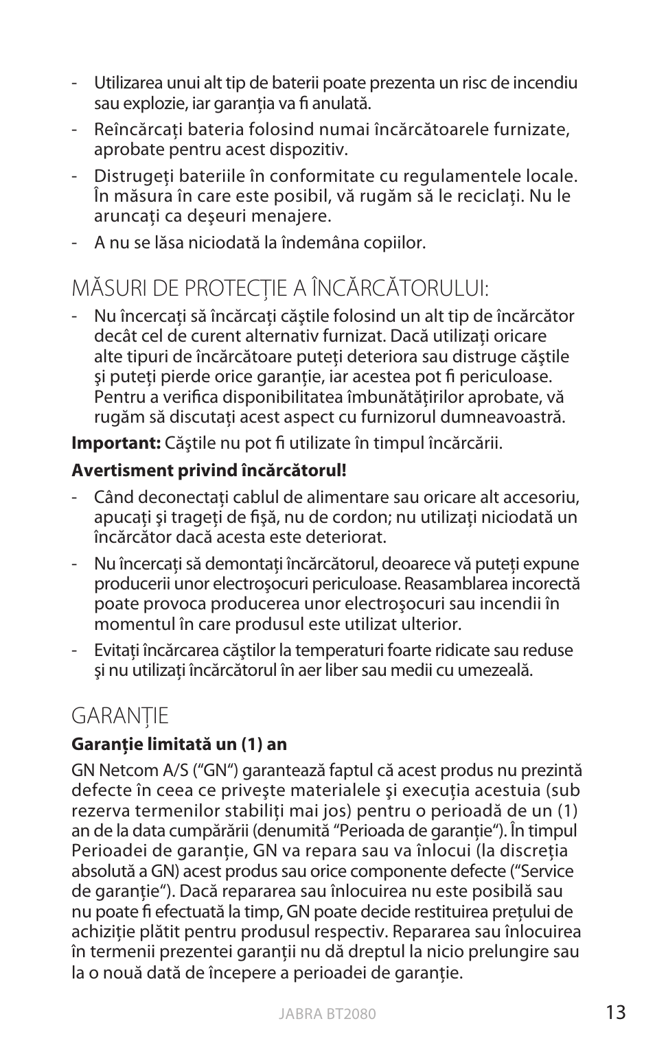 Măsuri de protecţie a încărcătorului, Garanţie, English | Jabra BT2080 User Manual | Page 370 / 495