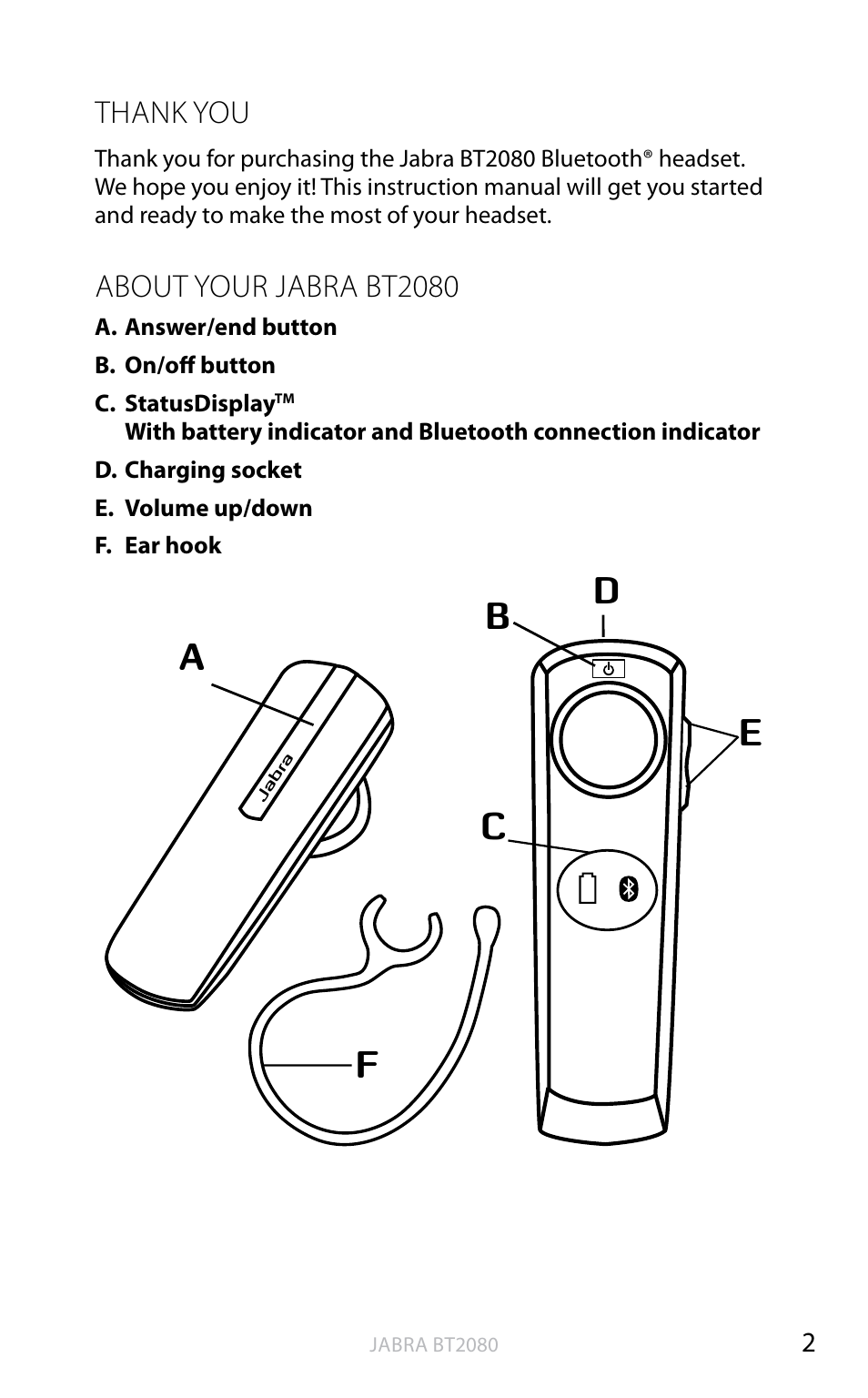 Thank you, About your jabra bt2080, English | Jabra BT2080 User Manual | Page 38 / 495