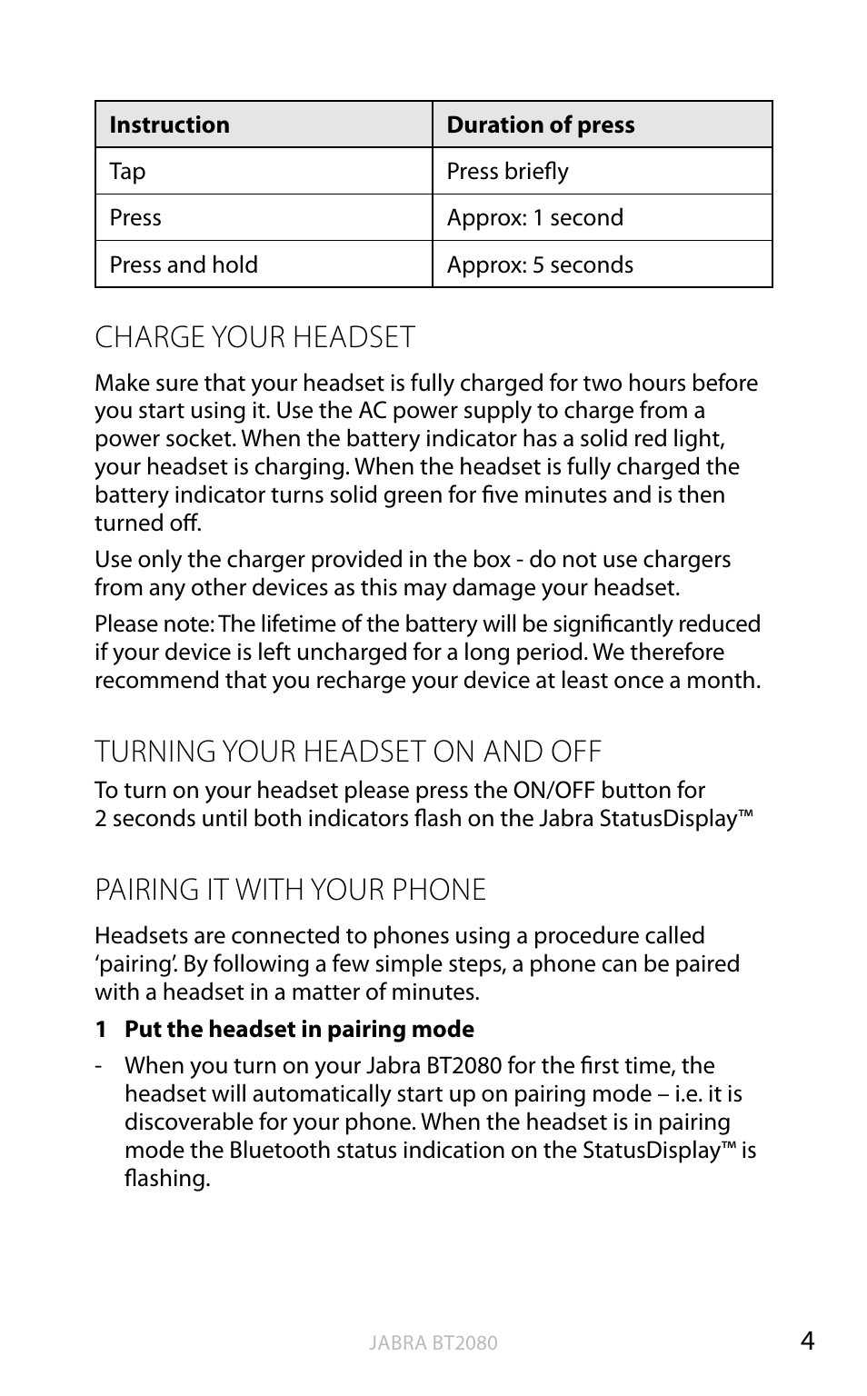 Charge your headset, Turning your headset on and off, Pairing it with your phone | English | Jabra BT2080 User Manual | Page 40 / 495