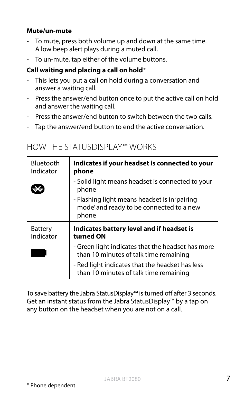 How the statusdisplay™ works, English | Jabra BT2080 User Manual | Page 43 / 495