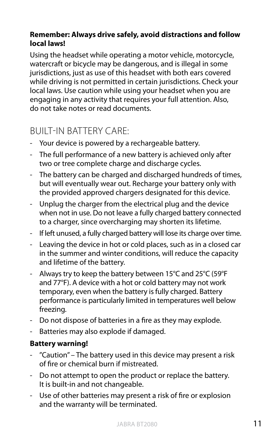 Built-in battery care, English | Jabra BT2080 User Manual | Page 47 / 495