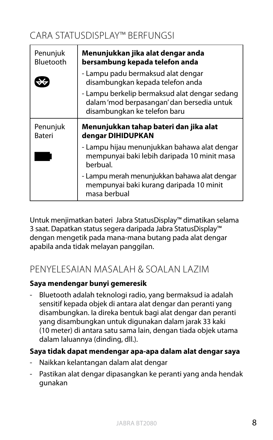 Cara statusdisplay™ berfungsi, Penyelesaian masalah & soalan lazim, Bahasa ingger is | Jabra BT2080 User Manual | Page 473 / 495