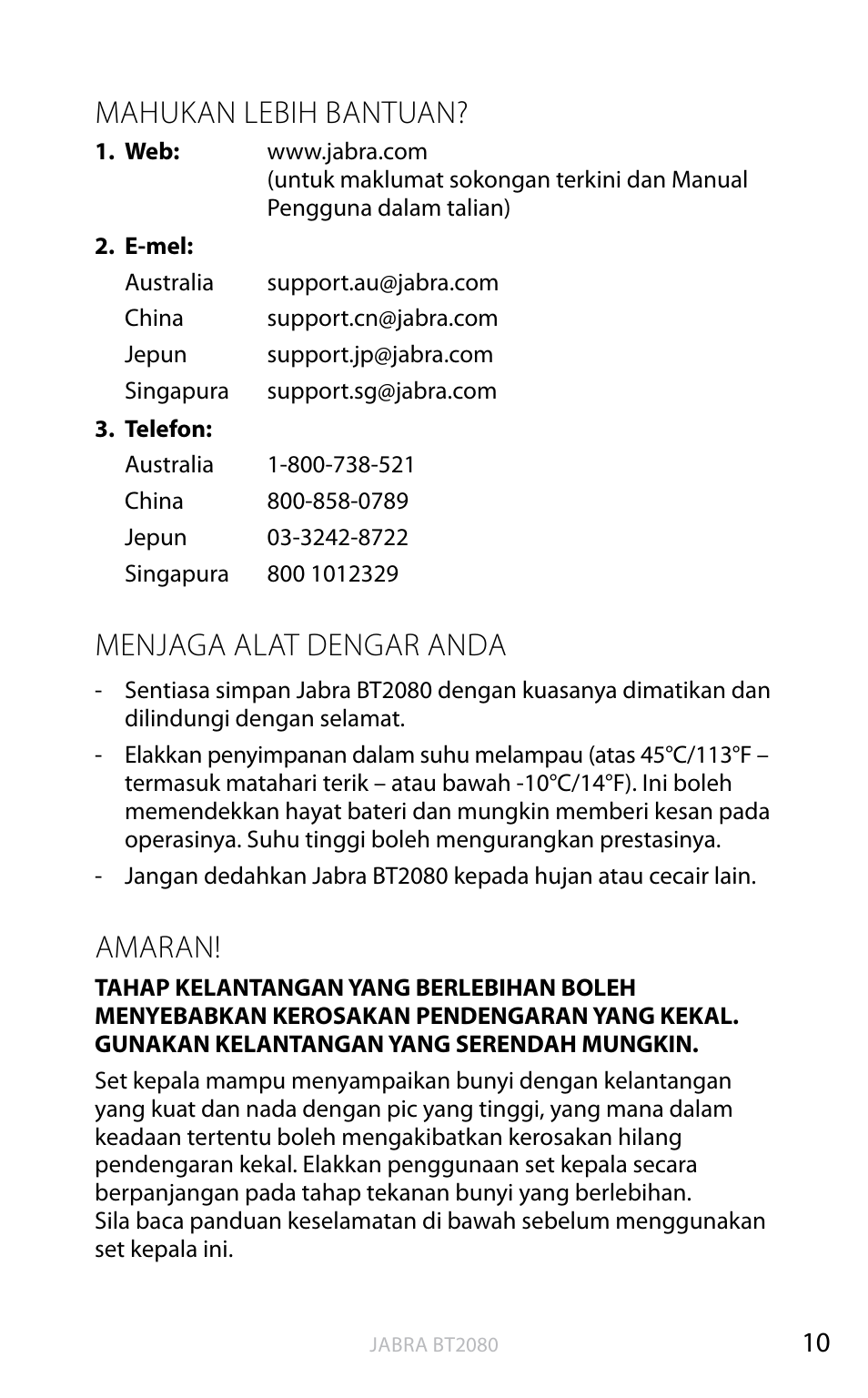Mahukan lebih bantuan, Menjaga alat dengar anda, Amaran | Bahasa ingger is | Jabra BT2080 User Manual | Page 475 / 495