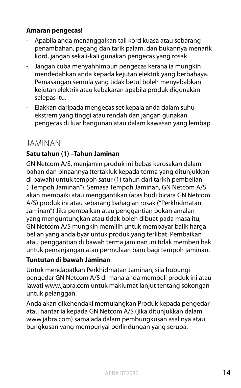 Jaminan, Bahasa ingger is | Jabra BT2080 User Manual | Page 479 / 495