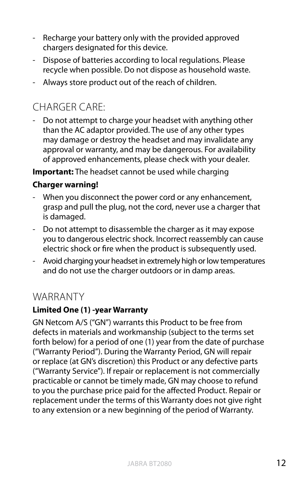 Charger care, Warranty, English | Jabra BT2080 User Manual | Page 48 / 495