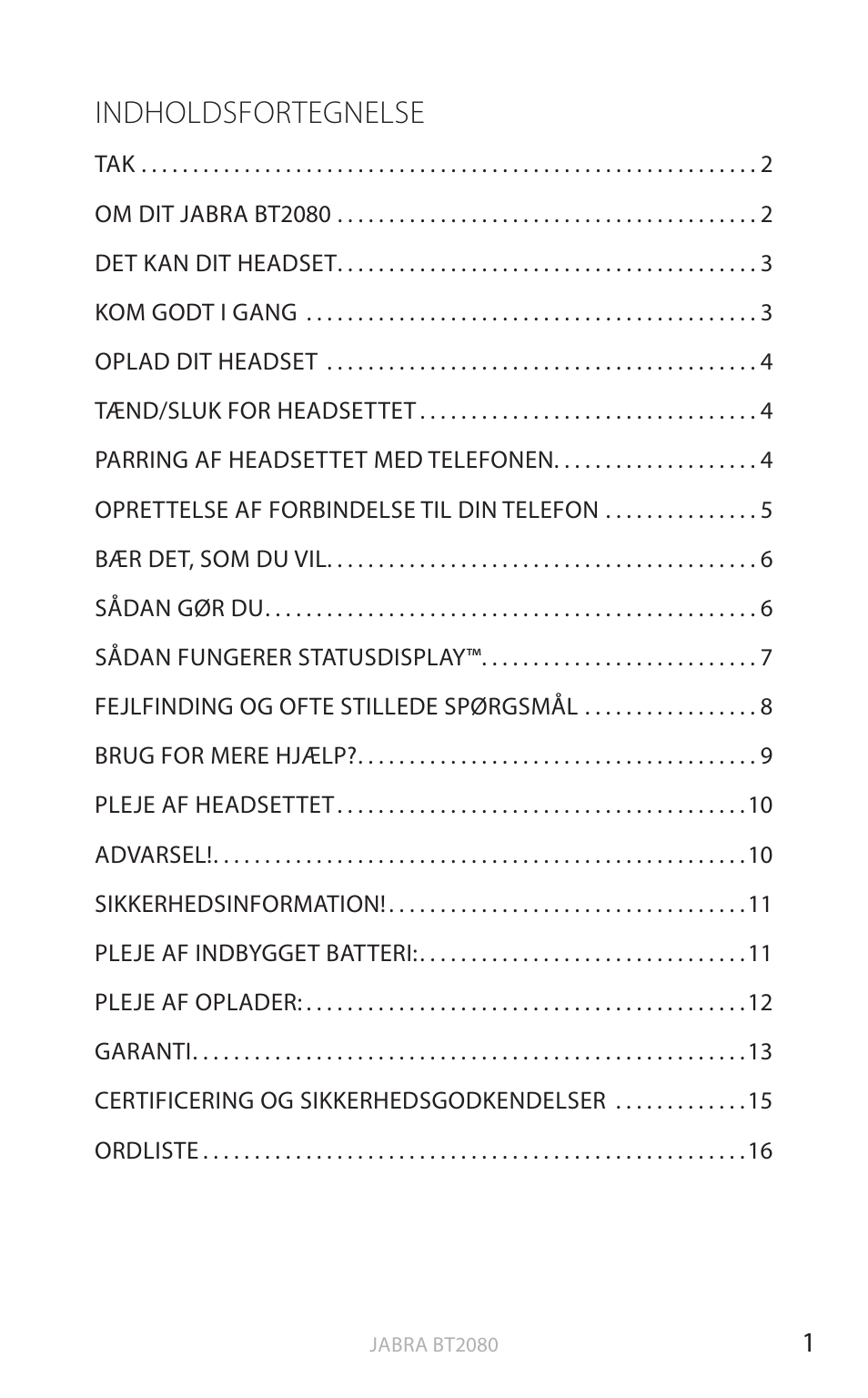 Dansk (klik her for at se vejledningen), Dansk, Indholdsfortegnelse | Jabra BT2080 User Manual | Page 52 / 495