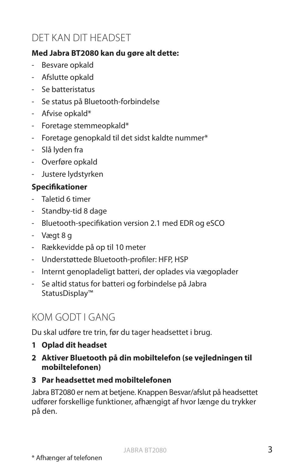 Det kan dit headset, Kom godt i gang, Dansk | Jabra BT2080 User Manual | Page 54 / 495