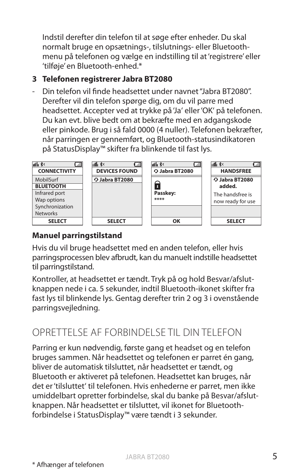Oprettelse af forbindelse til din telefon, Dansk | Jabra BT2080 User Manual | Page 56 / 495