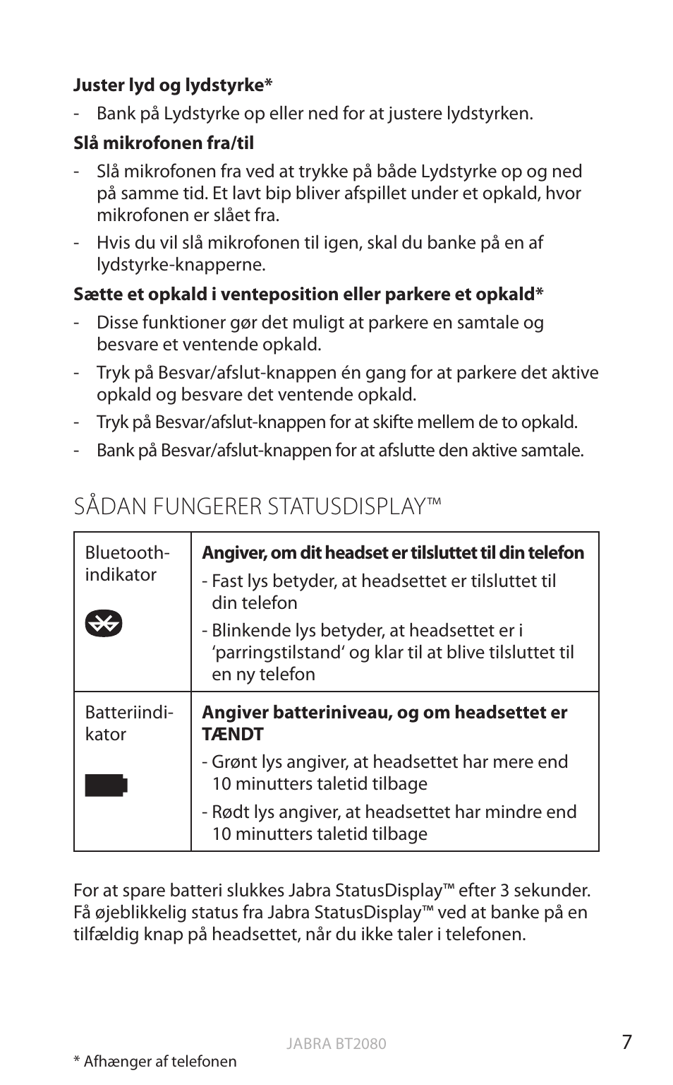Sådan fungerer statusdisplay, Dansk | Jabra BT2080 User Manual | Page 58 / 495