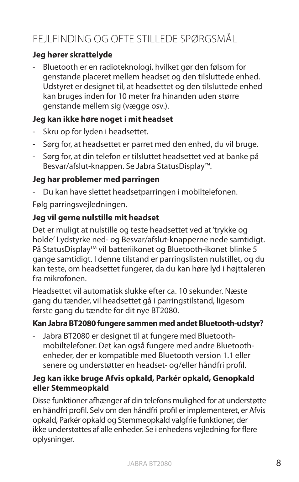 Fejlfinding og ofte stillede spørgsmål, Dansk | Jabra BT2080 User Manual | Page 59 / 495