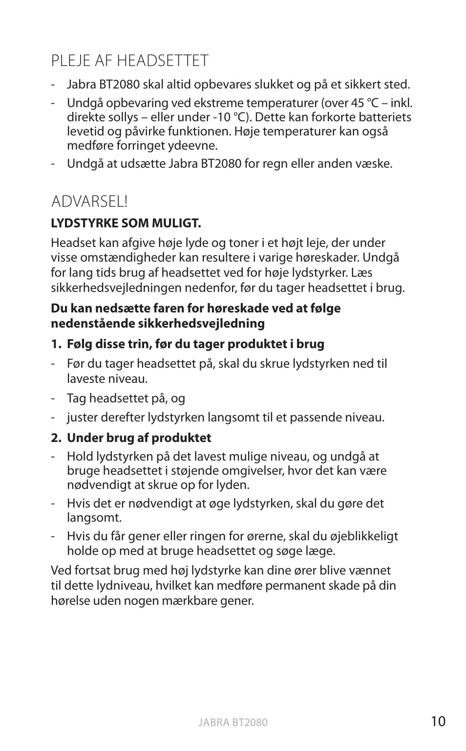 Pleje af headsettet, Advarsel, Dansk | Jabra BT2080 User Manual | Page 61 / 495