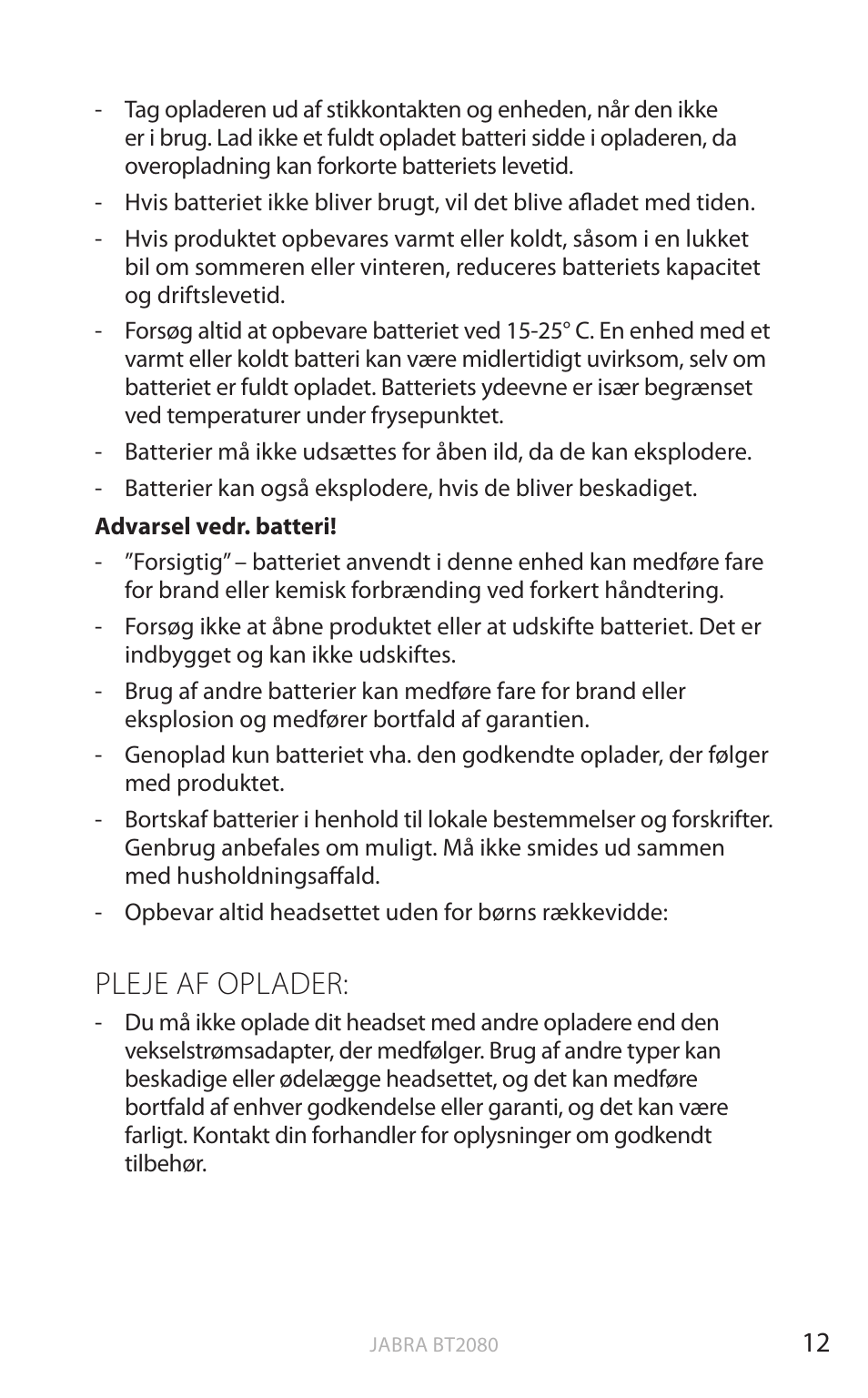 Pleje af oplader, Dansk | Jabra BT2080 User Manual | Page 63 / 495