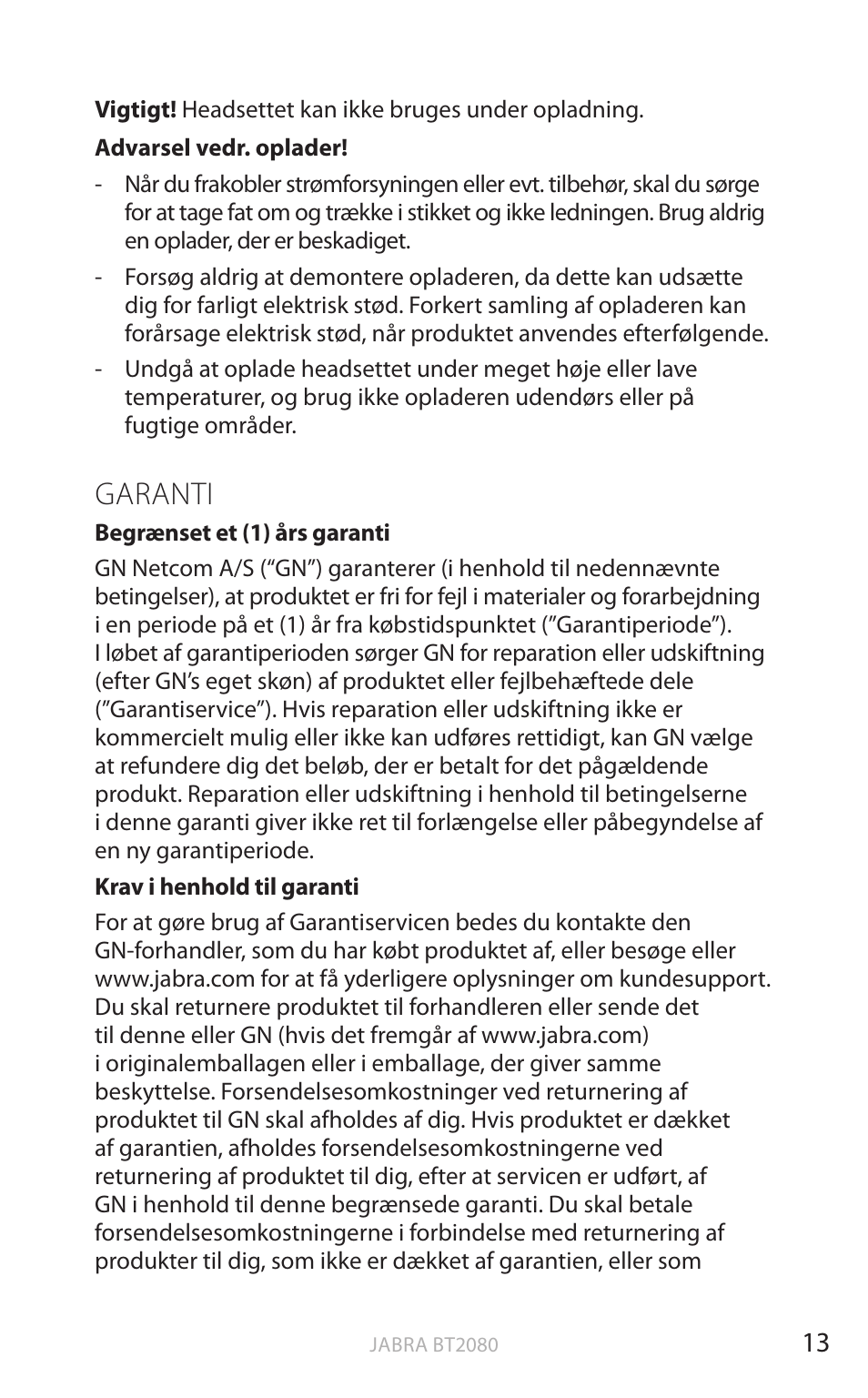 Garanti, Dansk | Jabra BT2080 User Manual | Page 64 / 495