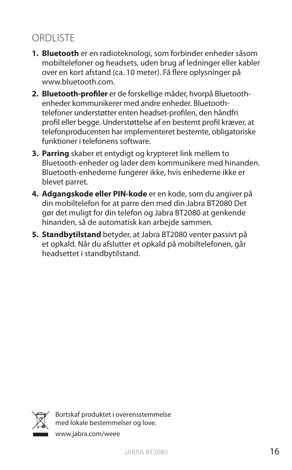 Ordliste, Dansk | Jabra BT2080 User Manual | Page 67 / 495