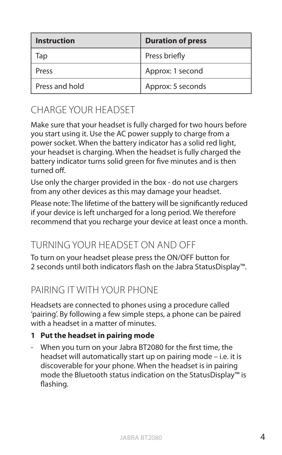 Charge your headset, Turning your headset on and off, Pairing it with your phone | English | Jabra BT2080 User Manual | Page 7 / 495