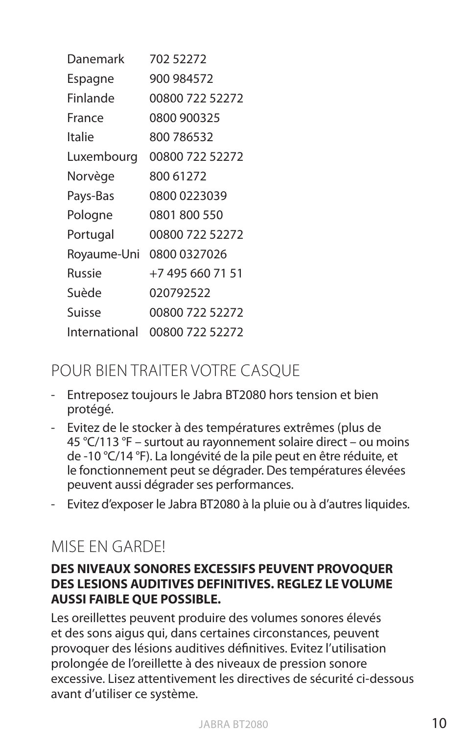 Pour bien traiter votre casque, Mise en garde, Angl a is | Jabra BT2080 User Manual | Page 77 / 495