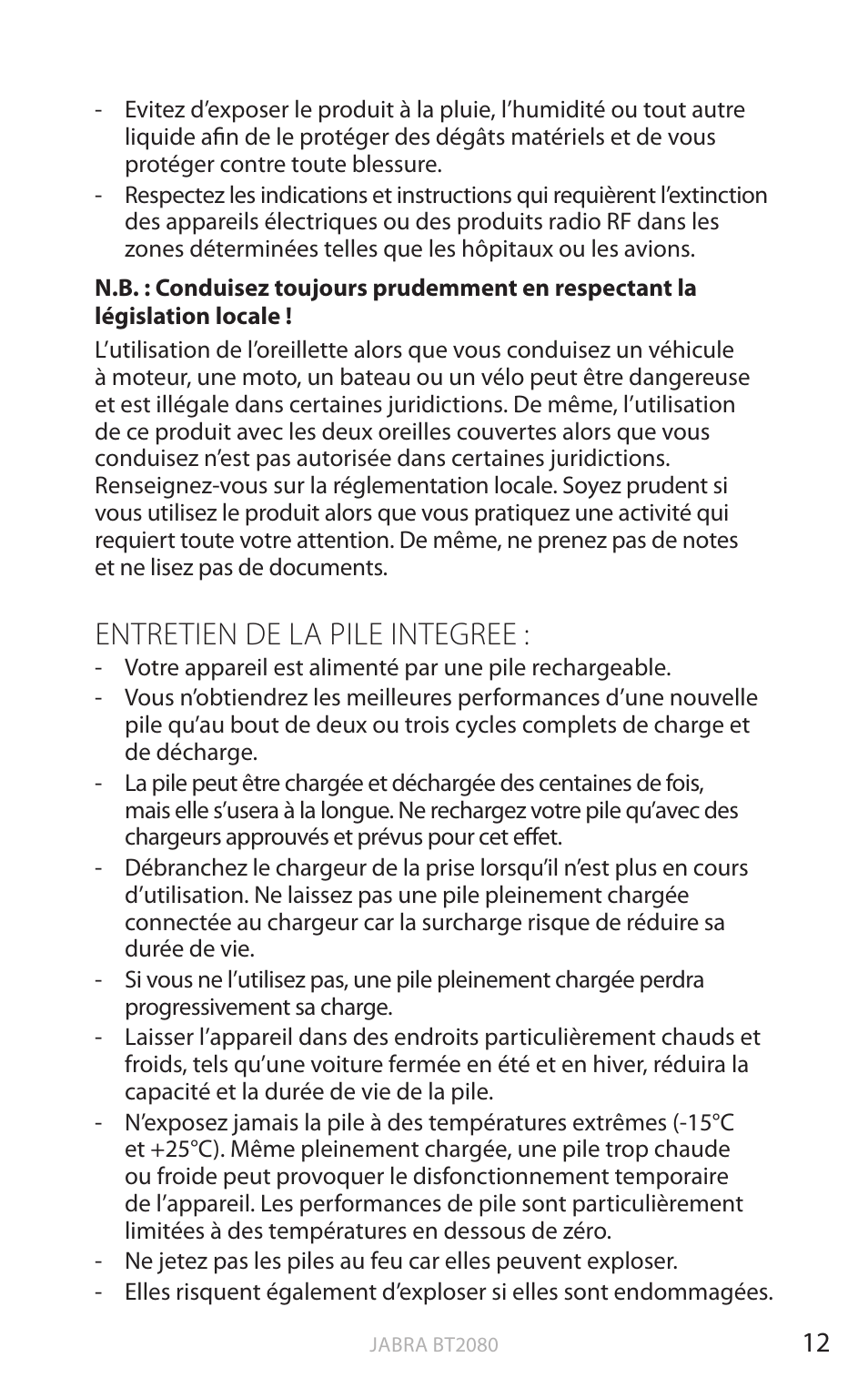 Entretien de la pile integree, Angl a is | Jabra BT2080 User Manual | Page 79 / 495