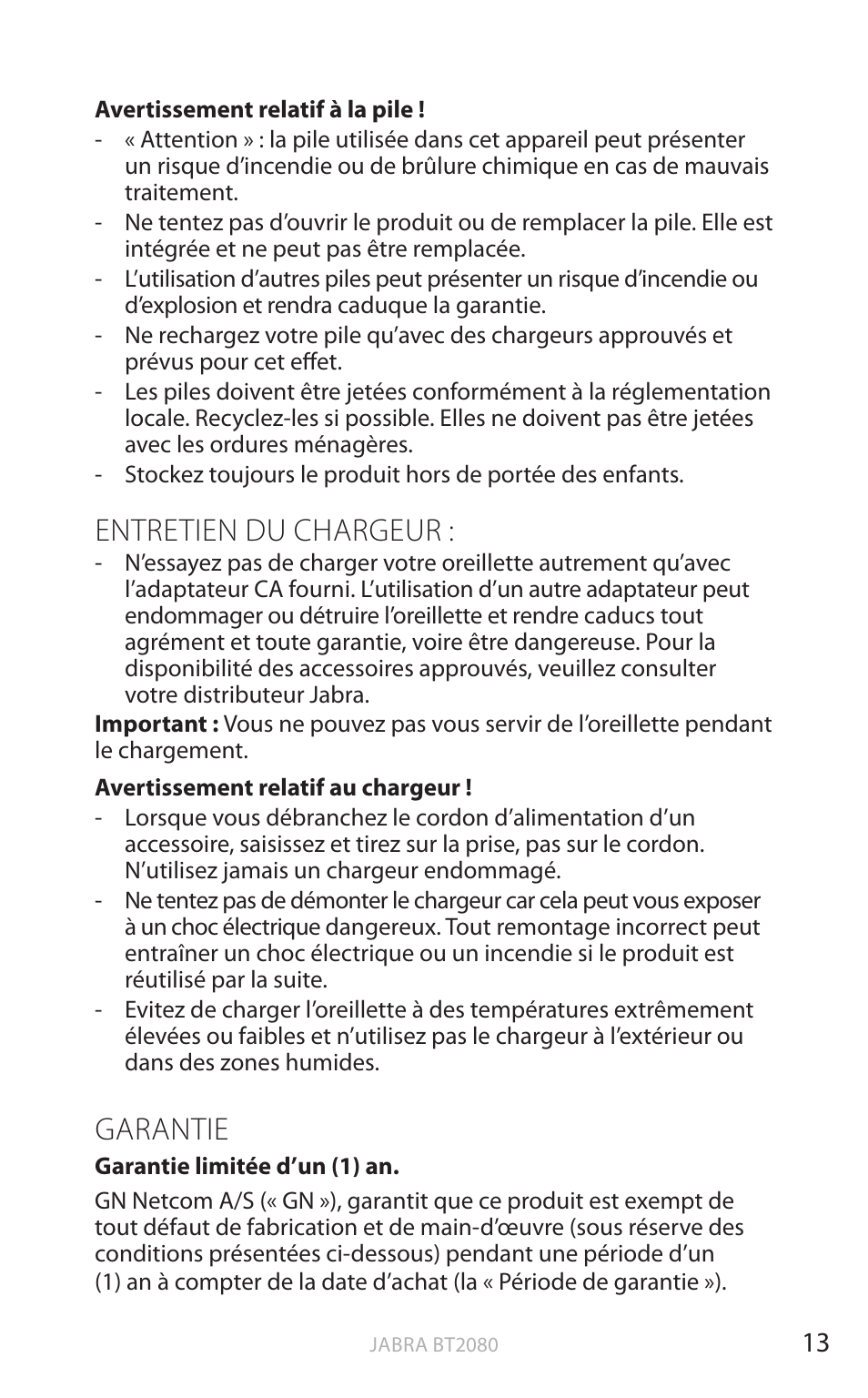 Entretien du chargeur, Garantie, Angl a is | Jabra BT2080 User Manual | Page 80 / 495