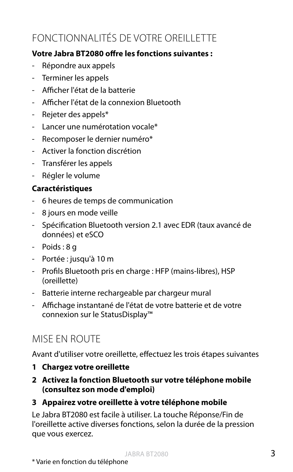 Fonctionnalités de votre oreillette, Mise en route, Angl ais | Jabra BT2080 User Manual | Page 86 / 495