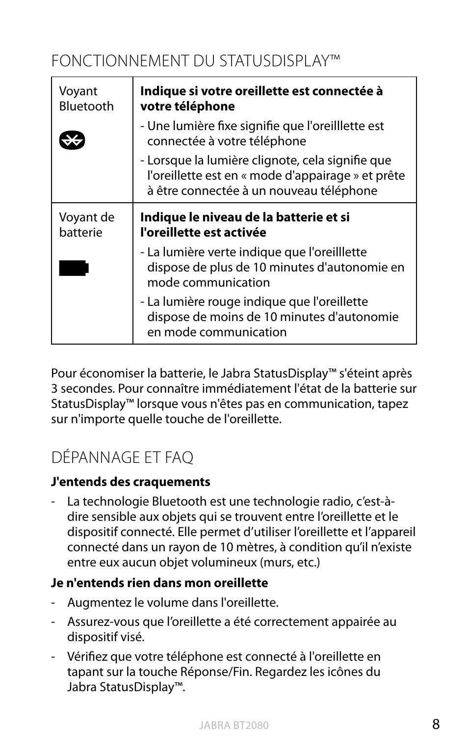 Fonctionnement du statusdisplay, Dépannage et faq, Angl ais | Jabra BT2080 User Manual | Page 91 / 495