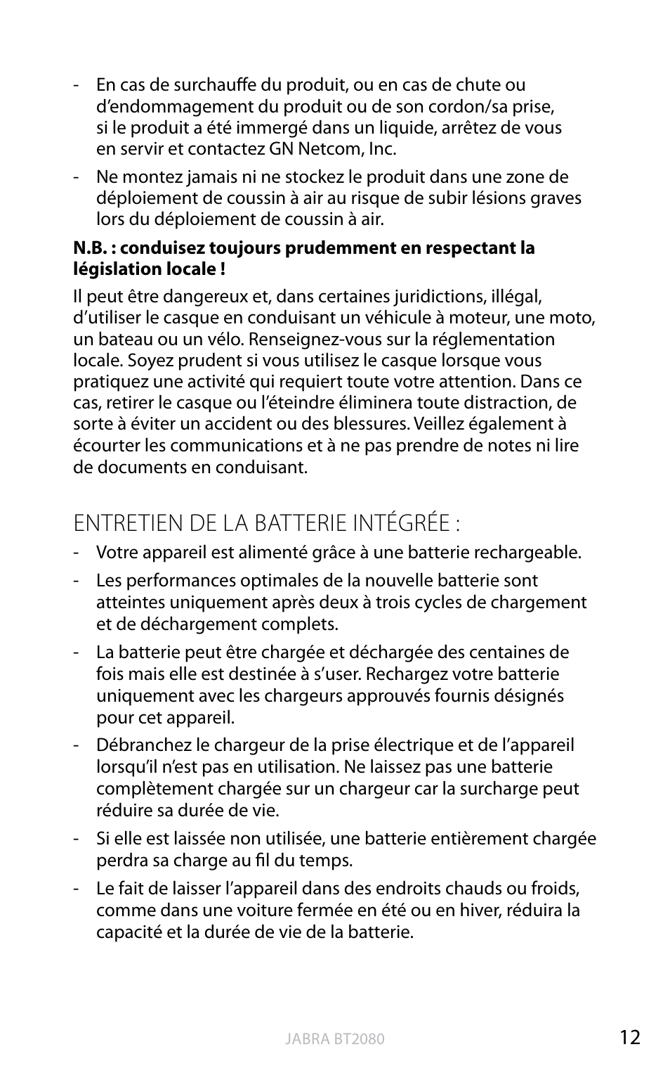 Entretien de la batterie intégrée, Angl ais | Jabra BT2080 User Manual | Page 95 / 495