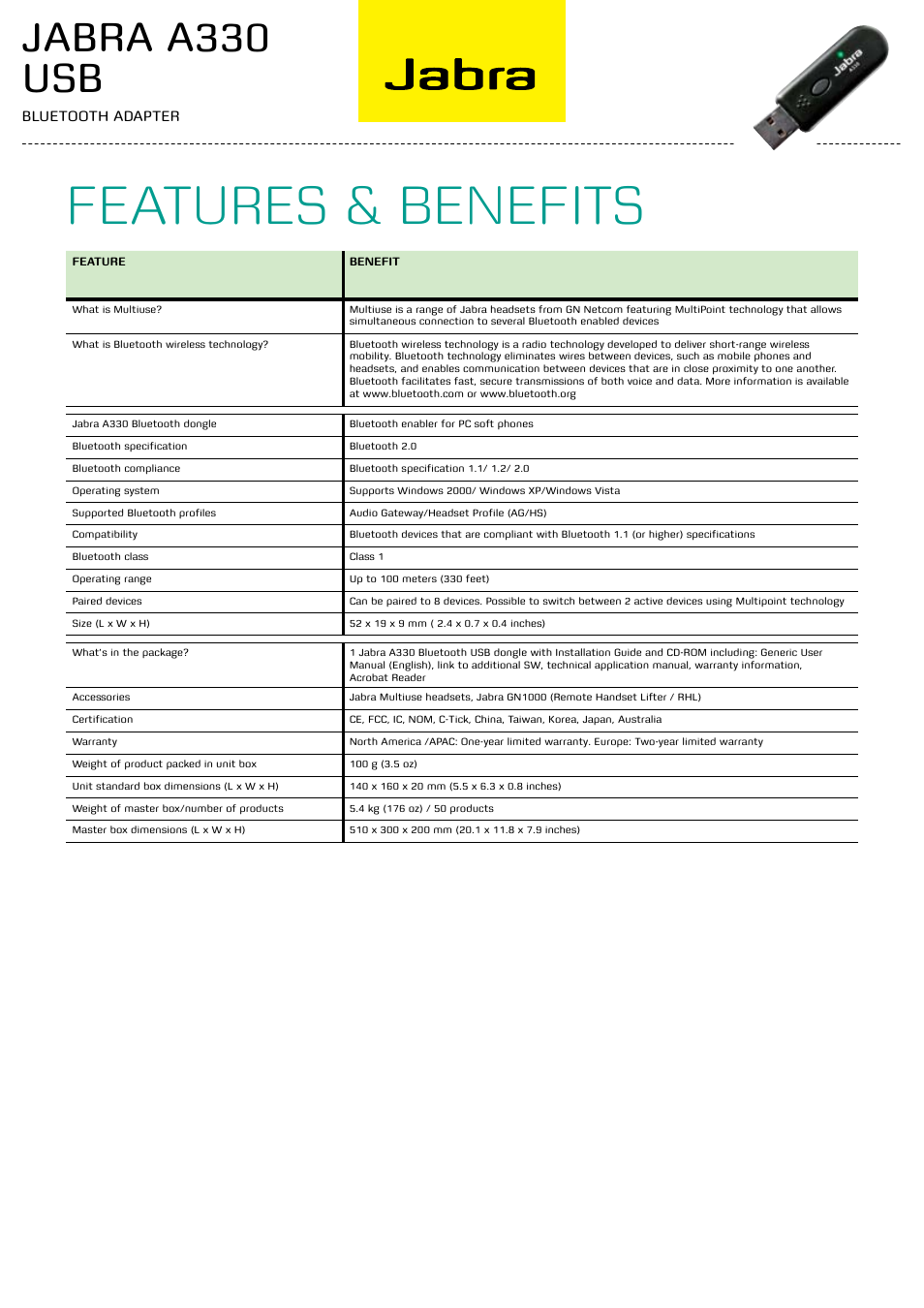 Features & benefits, Jabra a330 usb | Jabra A330 User Manual | Page 2 / 2