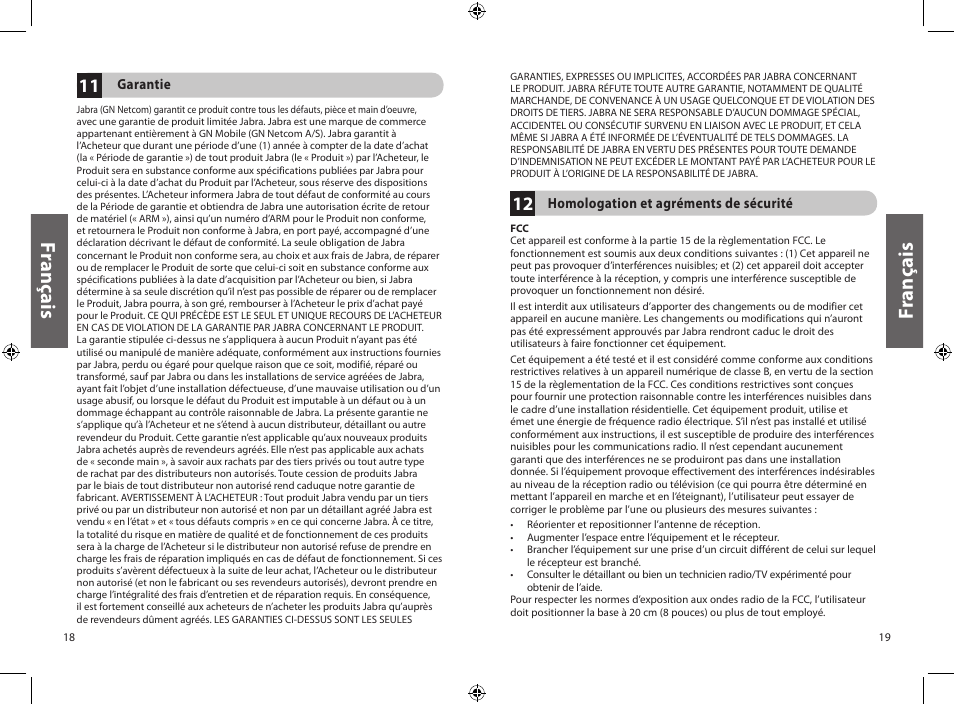 Fr an ça is | Jabra JXO Bluetooth Headset User Manual | Page 12 / 23