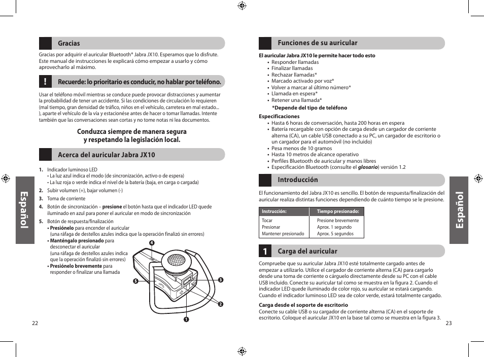 Es pa ño l | Jabra JXO Bluetooth Headset User Manual | Page 14 / 23
