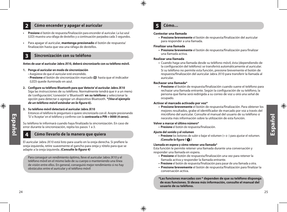 Es pa ño l | Jabra JXO Bluetooth Headset User Manual | Page 15 / 23