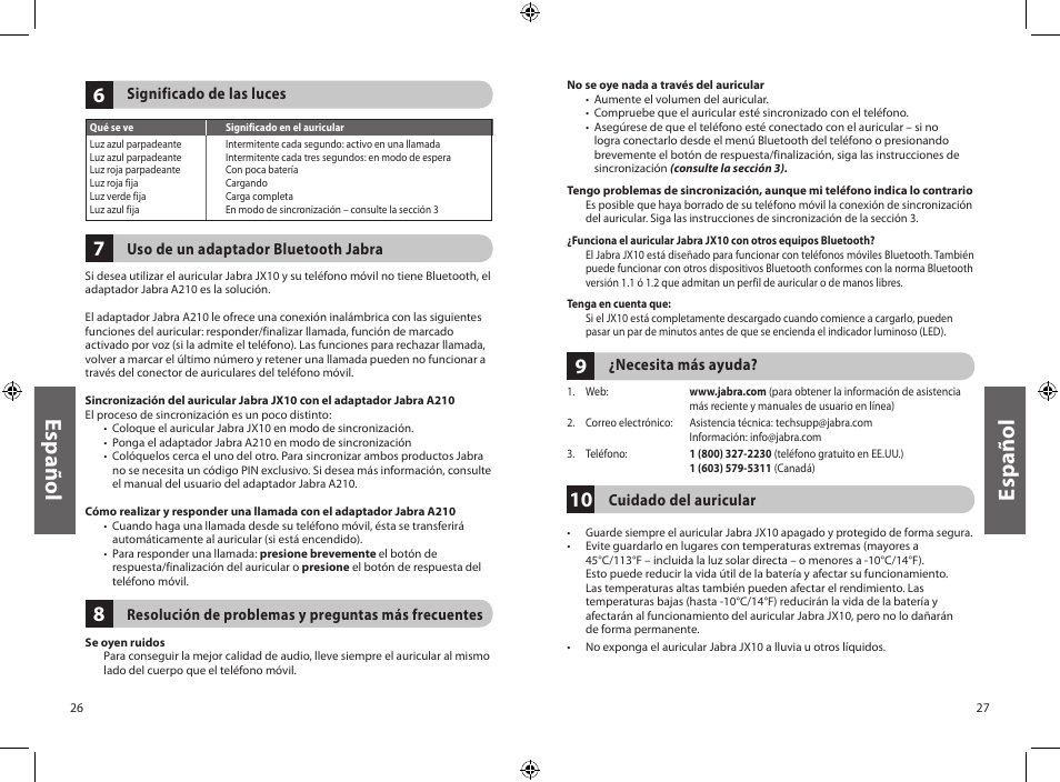 Es pa ño l | Jabra JXO Bluetooth Headset User Manual | Page 16 / 23