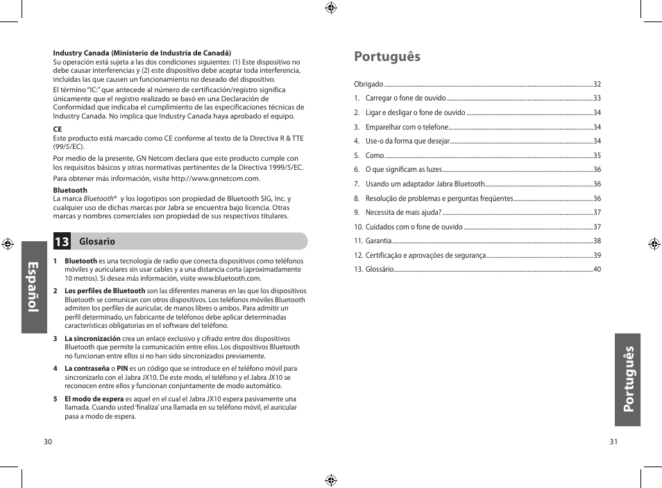 Es pa ño l, Po rt ug uê s, Português | Jabra JXO Bluetooth Headset User Manual | Page 18 / 23