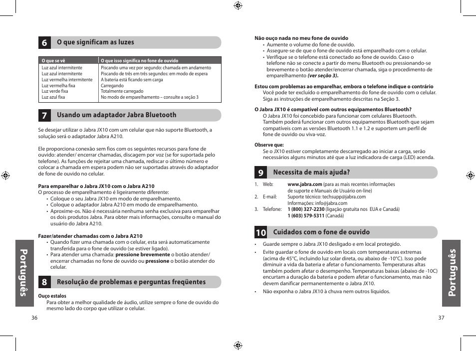 Po rtu gu ês, Po rt ug uê s | Jabra JXO Bluetooth Headset User Manual | Page 21 / 23