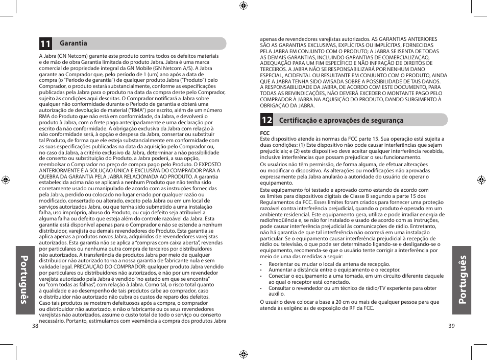 Po rtu gu ês, Po rt ug uê s | Jabra JXO Bluetooth Headset User Manual | Page 22 / 23