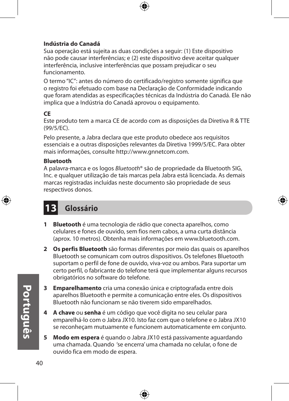 Po rtu gu ês | Jabra JXO Bluetooth Headset User Manual | Page 23 / 23