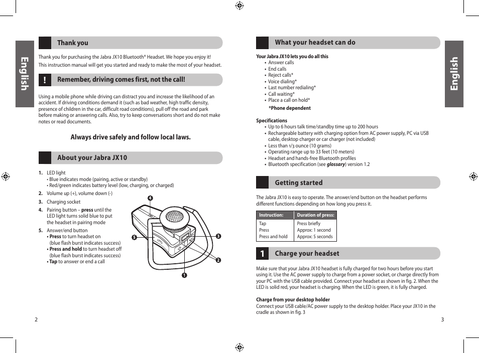 En gli sh, En gl is h | Jabra JXO Bluetooth Headset User Manual | Page 4 / 23