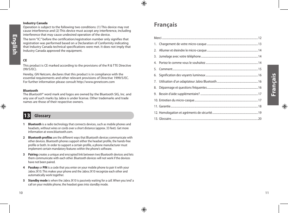 En gli sh, Fr an ça is français | Jabra JXO Bluetooth Headset User Manual | Page 8 / 23