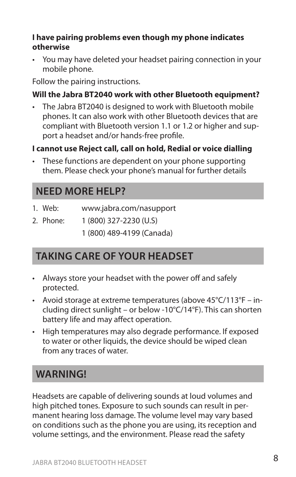 En g li sh, Need more help, Taking care of your headset | Warning | Jabra BT2040 User Manual | Page 10 / 15