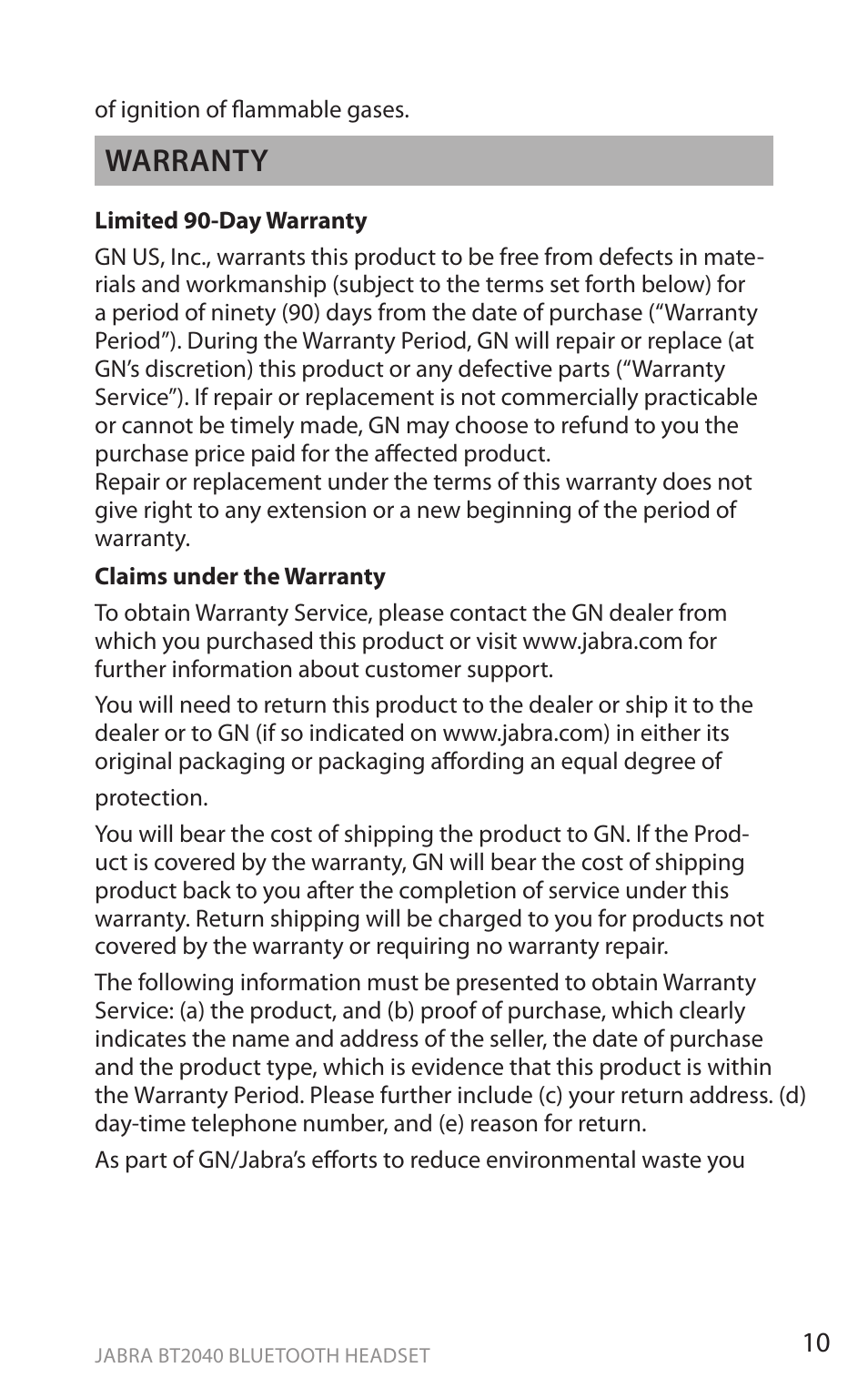 En g li sh, Warranty | Jabra BT2040 User Manual | Page 12 / 15