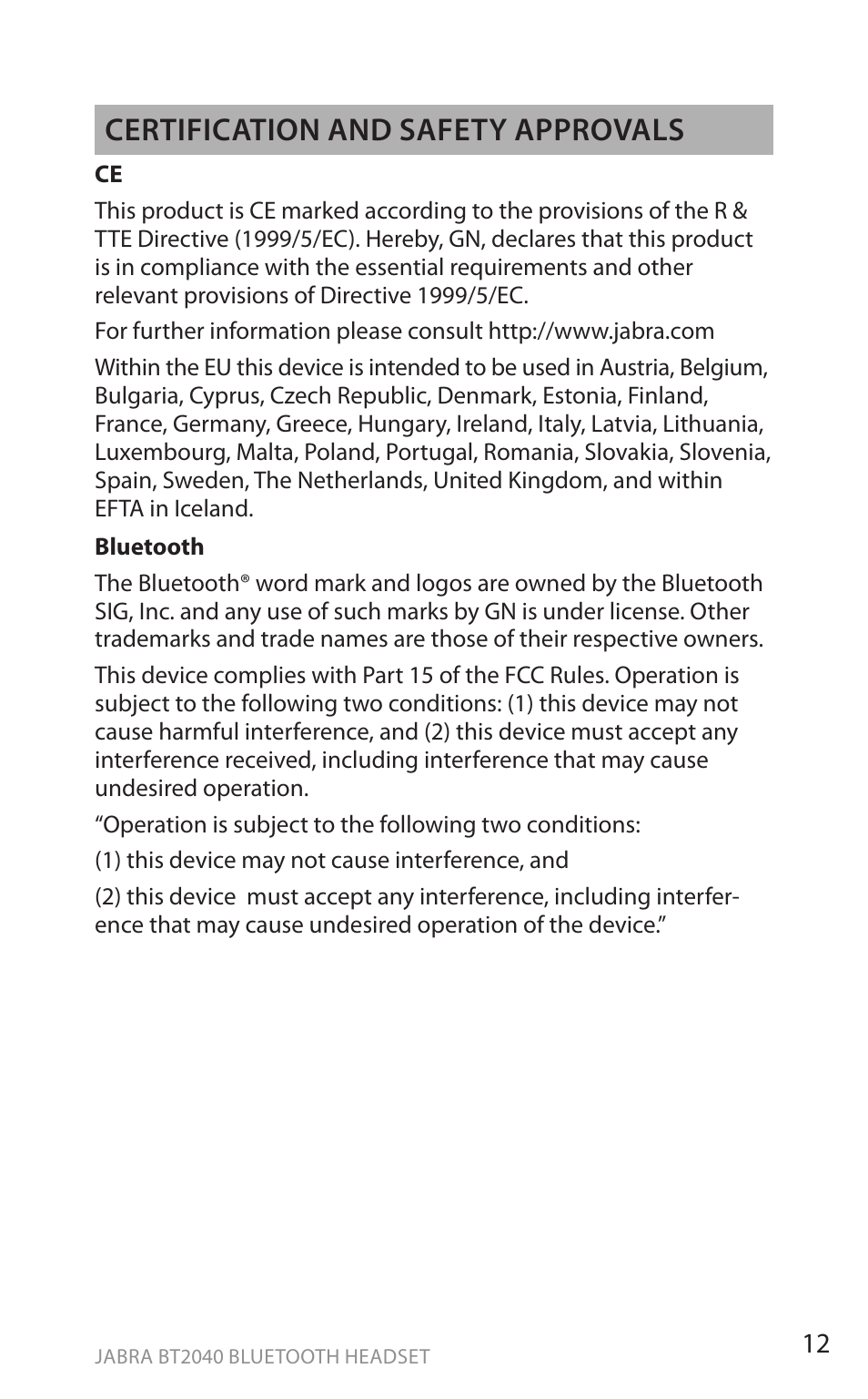 En g li sh, Certification and safety approvals | Jabra BT2040 User Manual | Page 14 / 15
