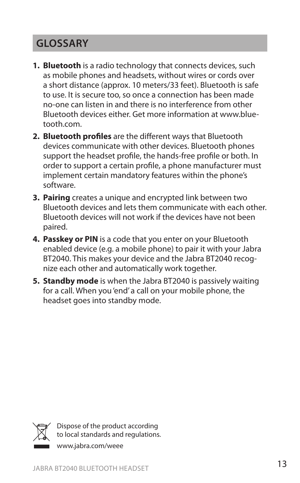 En g li sh, Glossary | Jabra BT2040 User Manual | Page 15 / 15