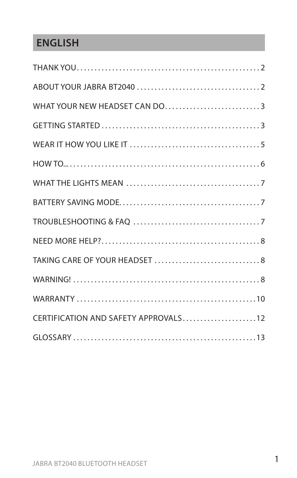 En g li sh, English | Jabra BT2040 User Manual | Page 3 / 15