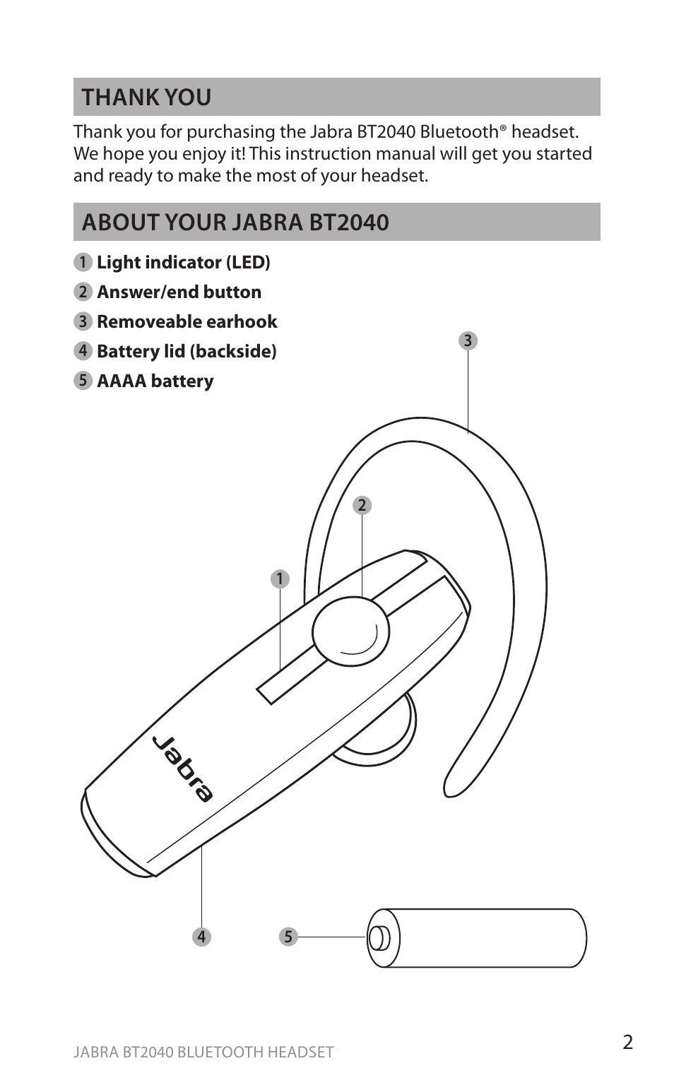 En g li sh, About your jabra bt2040 | Jabra BT2040 User Manual | Page 4 / 15