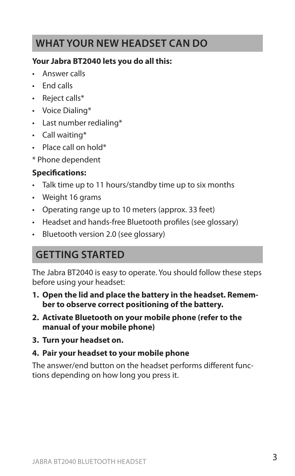 En g li sh | Jabra BT2040 User Manual | Page 5 / 15